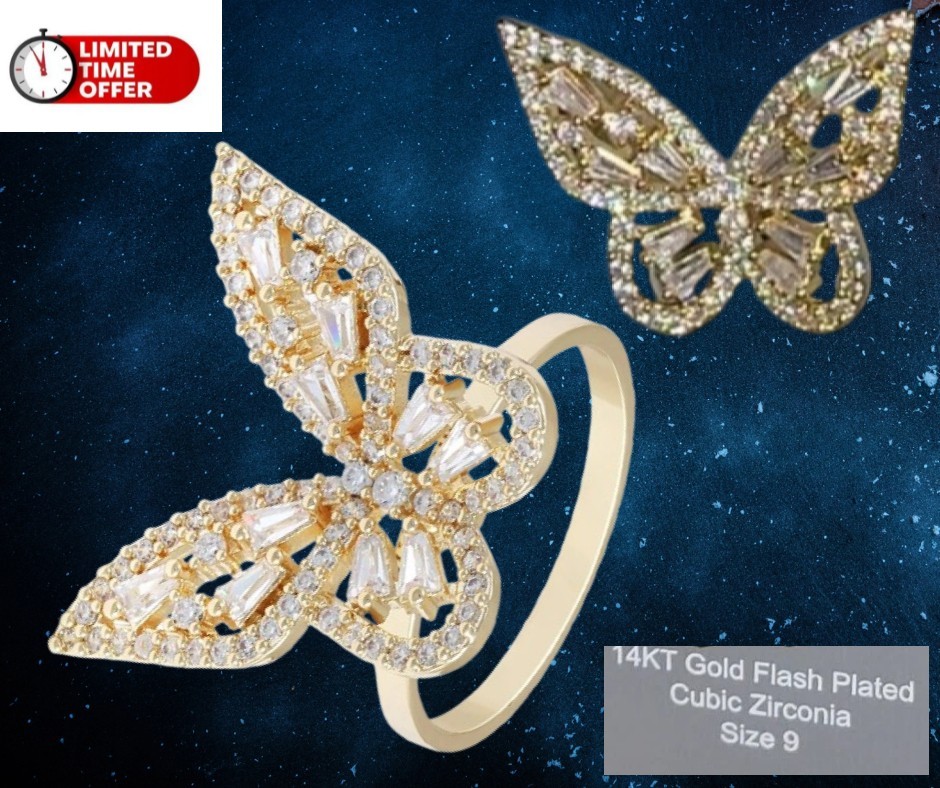 Women 14KT Gold Flash Plated Butterfly Cocktail Stretch Ring with Cubic Zircon