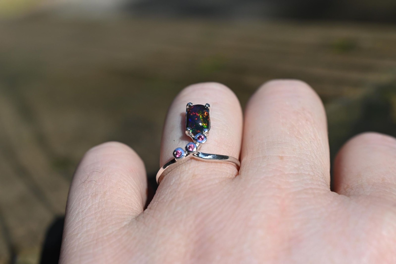 Black opal and garnet in sterling silver size 7, 7.35 7.5, 7.75, 8
