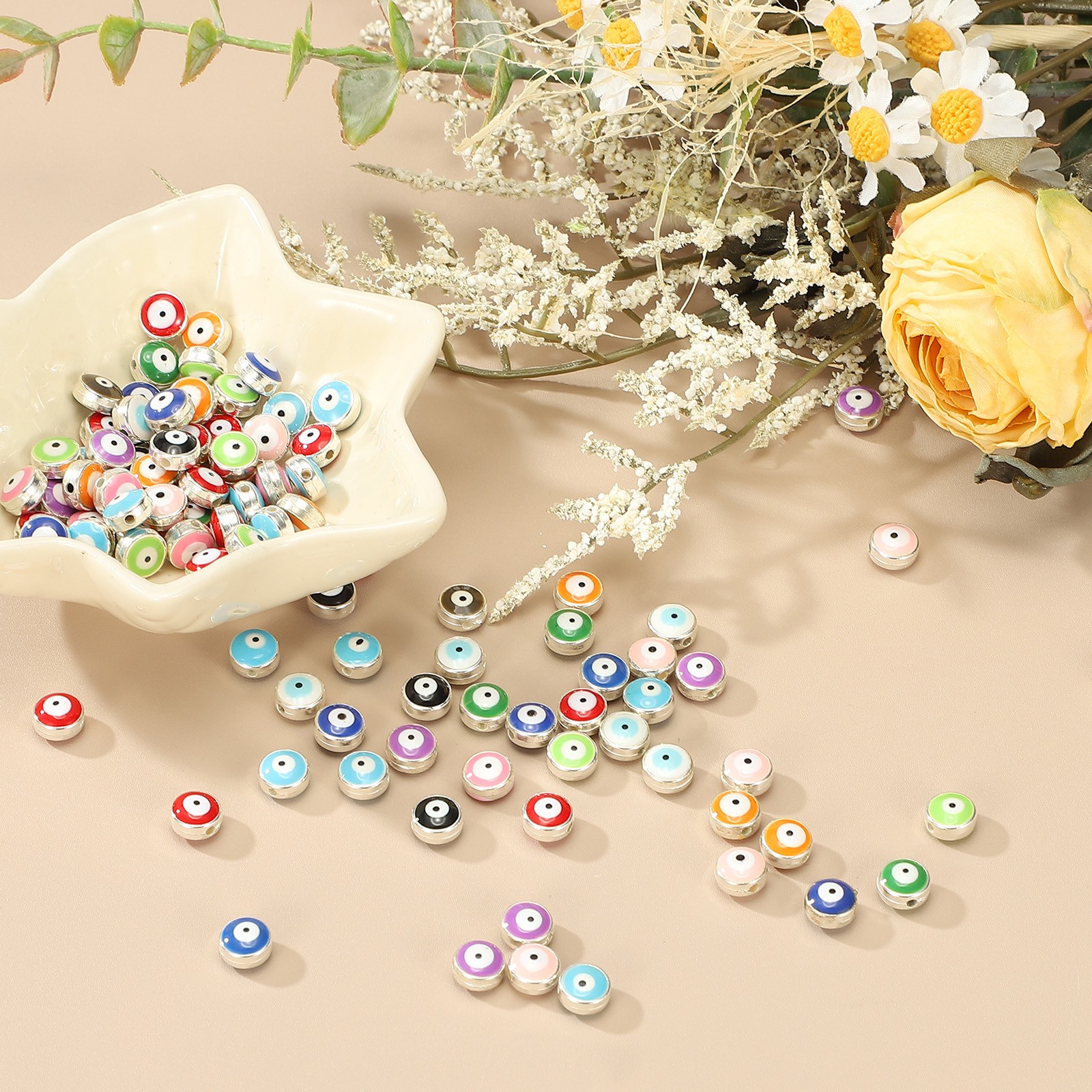 100 Pcs 8mm Flat Round Evil Eye Beads with Silver Edge, White