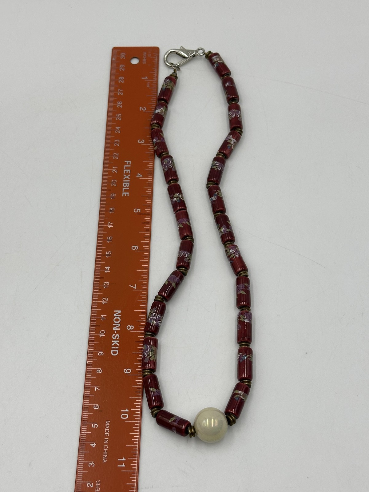 Red Floral Tube Bead Necklace Large White Center Bead Lobster Clasp Jewelry