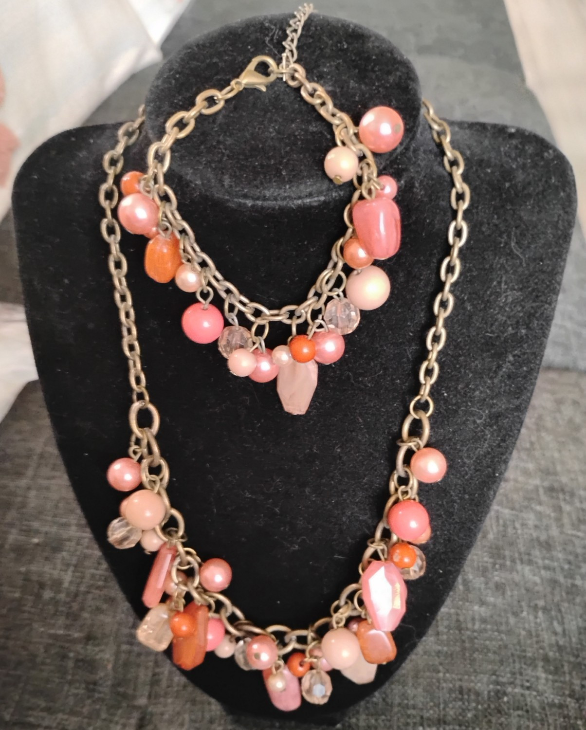 Brass Cable Chain Necklace & Bracelet Set. Layered Peach, Orange Glass Beads.