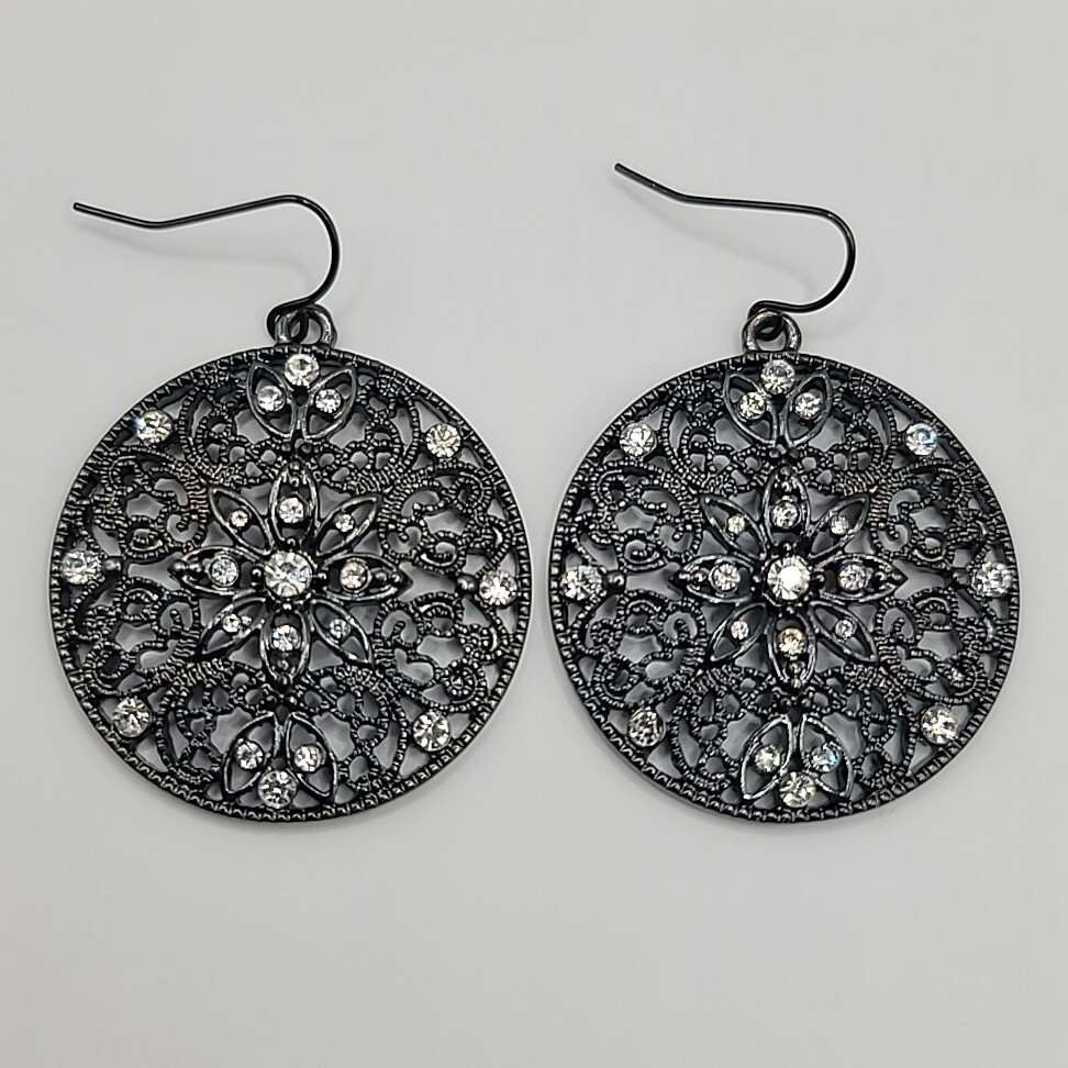 Round Filigree Open Work Gun Metal Grey Rhinestone Pierced Dangle Earrings
