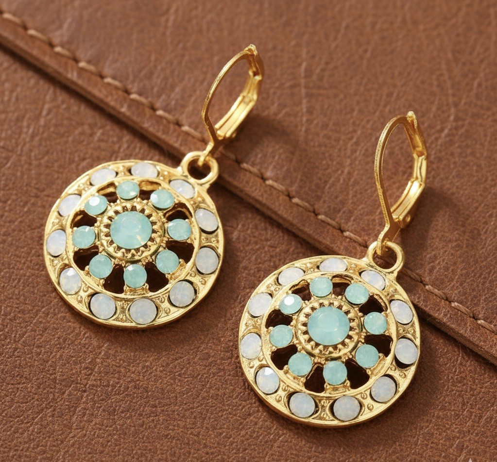 Chico’s Crystal Mandala Earrings Flower Museum Gold CZ VTG Art Nouveau Deco Boho