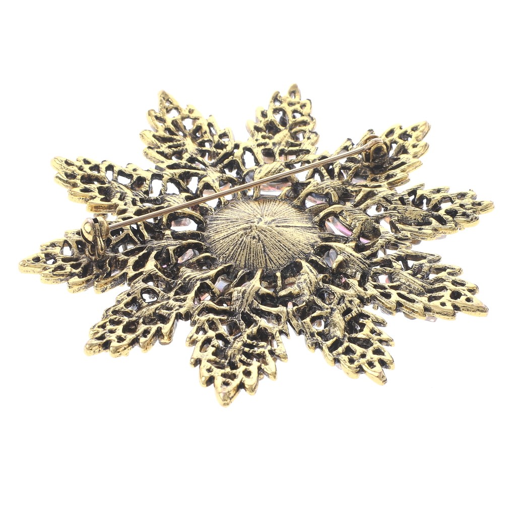 Antique Gold Alloy Metal Large Crystal Rhinestone Flower Brooch P1611-GAB