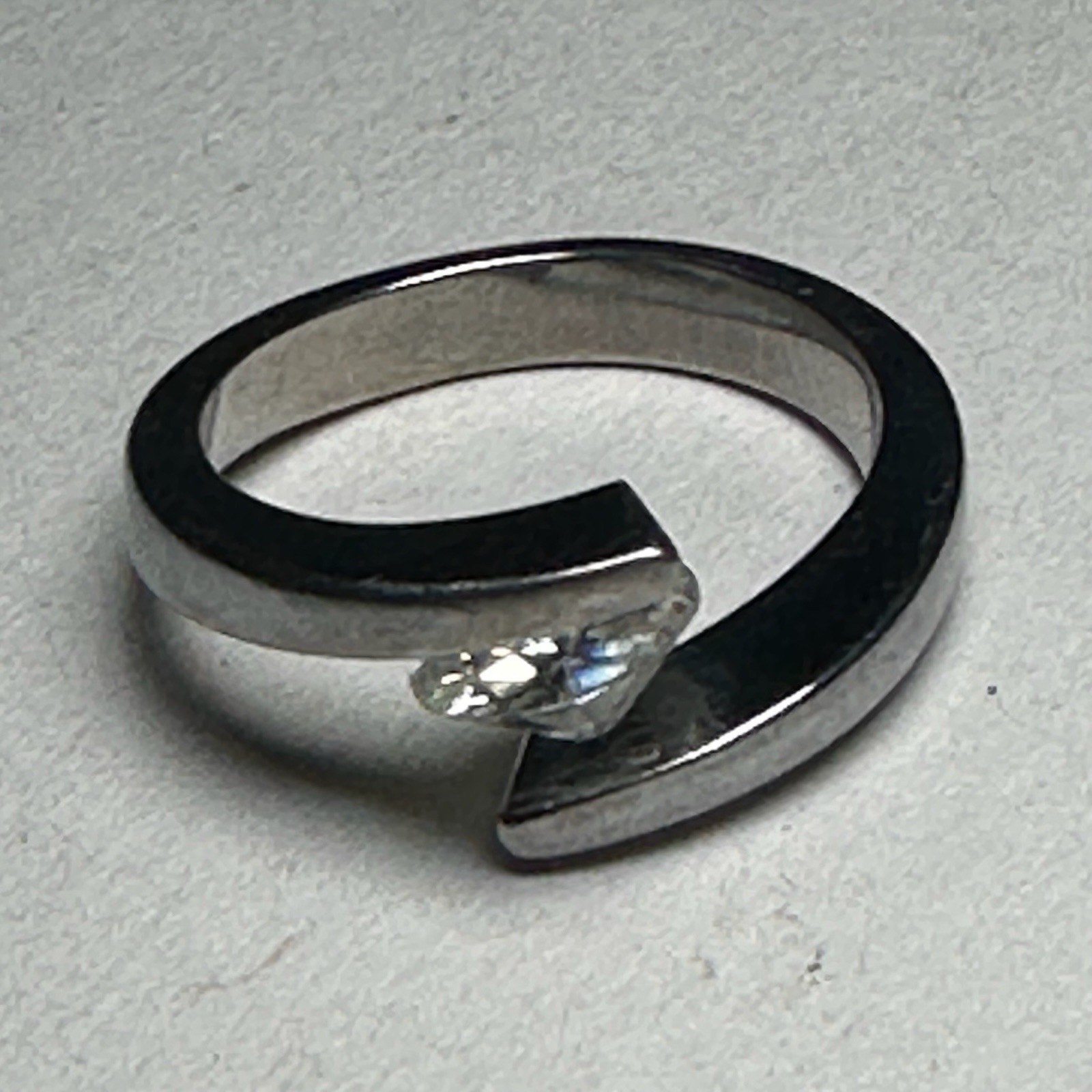 Silver Tension Set Ring with Round White Stone Minimalist Design