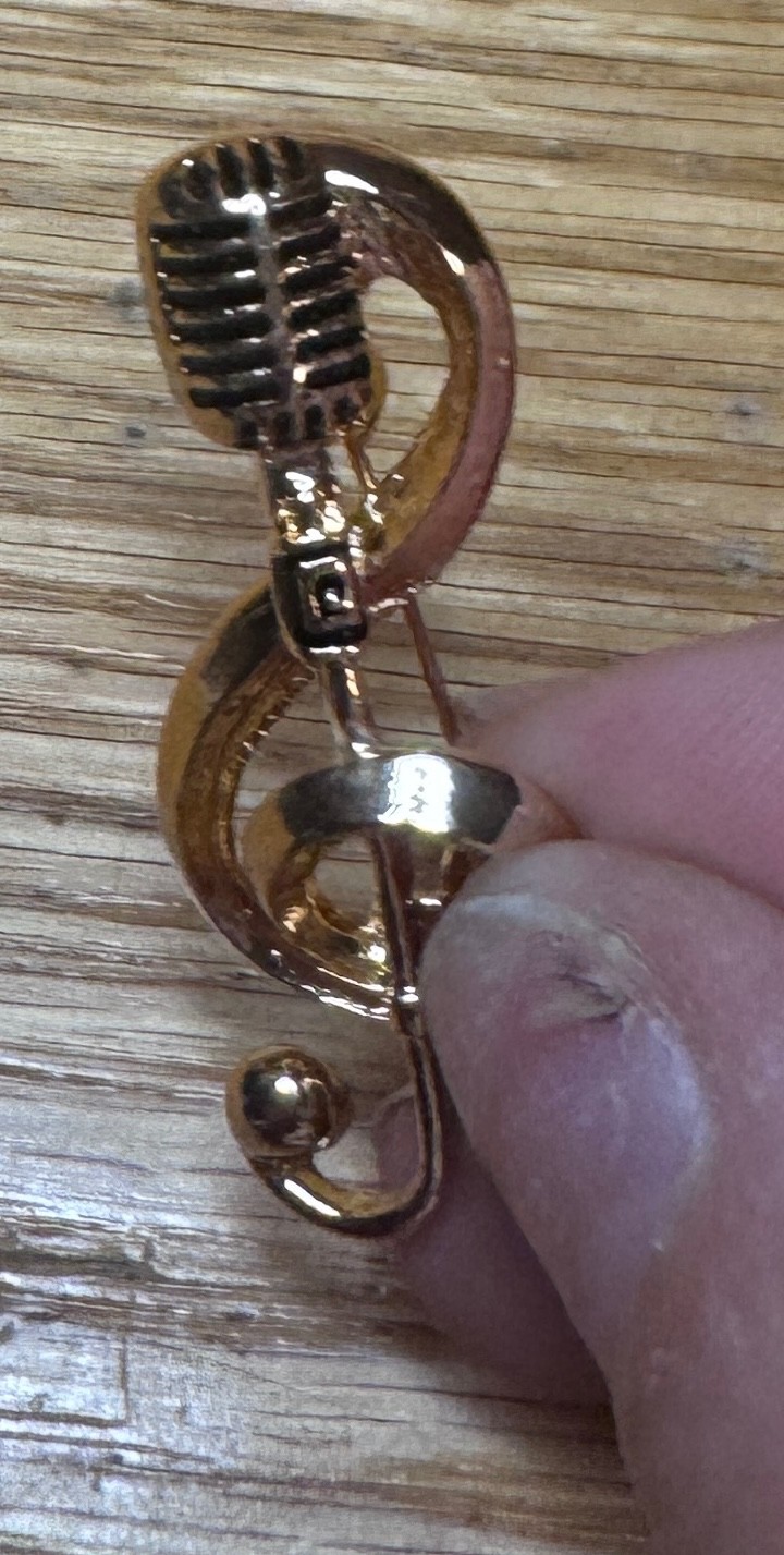 Fashion Pin New Music Note & Microphone Pin Brass Toned 1.5 X 5/8 Inch