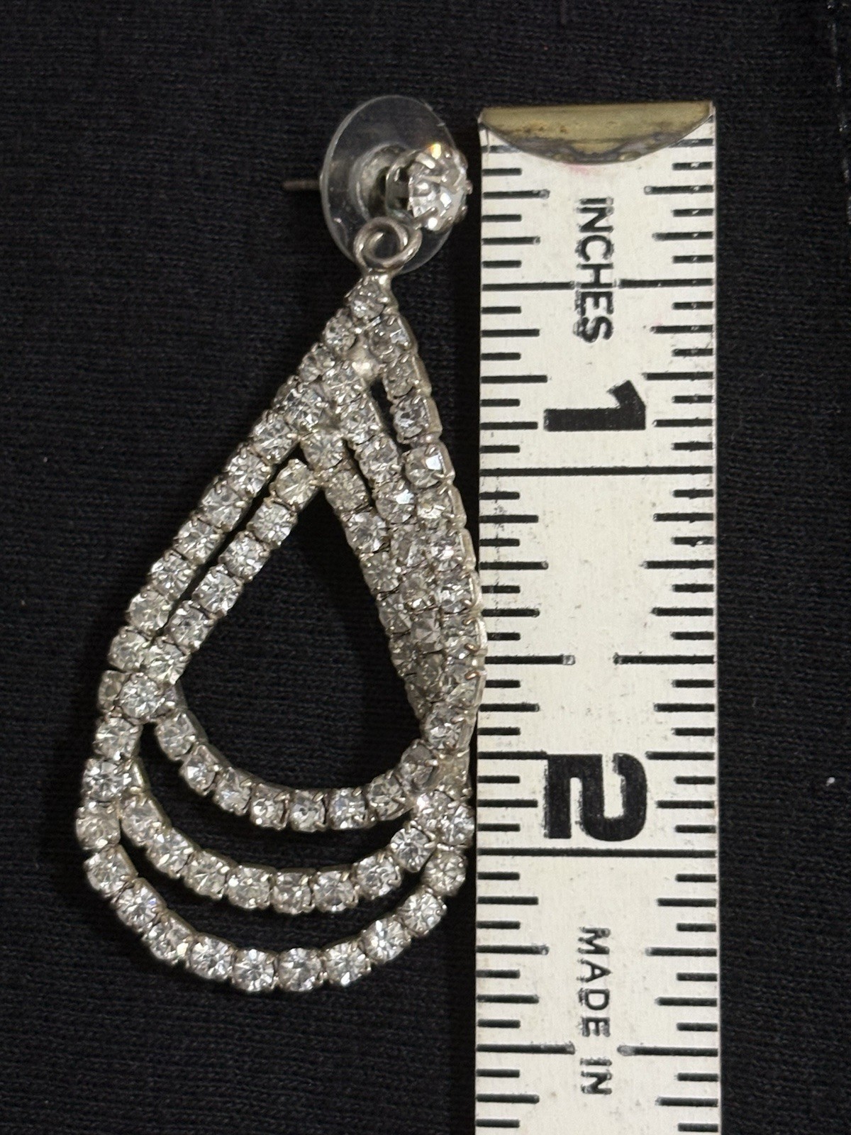 Vintage Rhinestone Teardrop Dangle Earrings Silver Tone Open Drop Statement