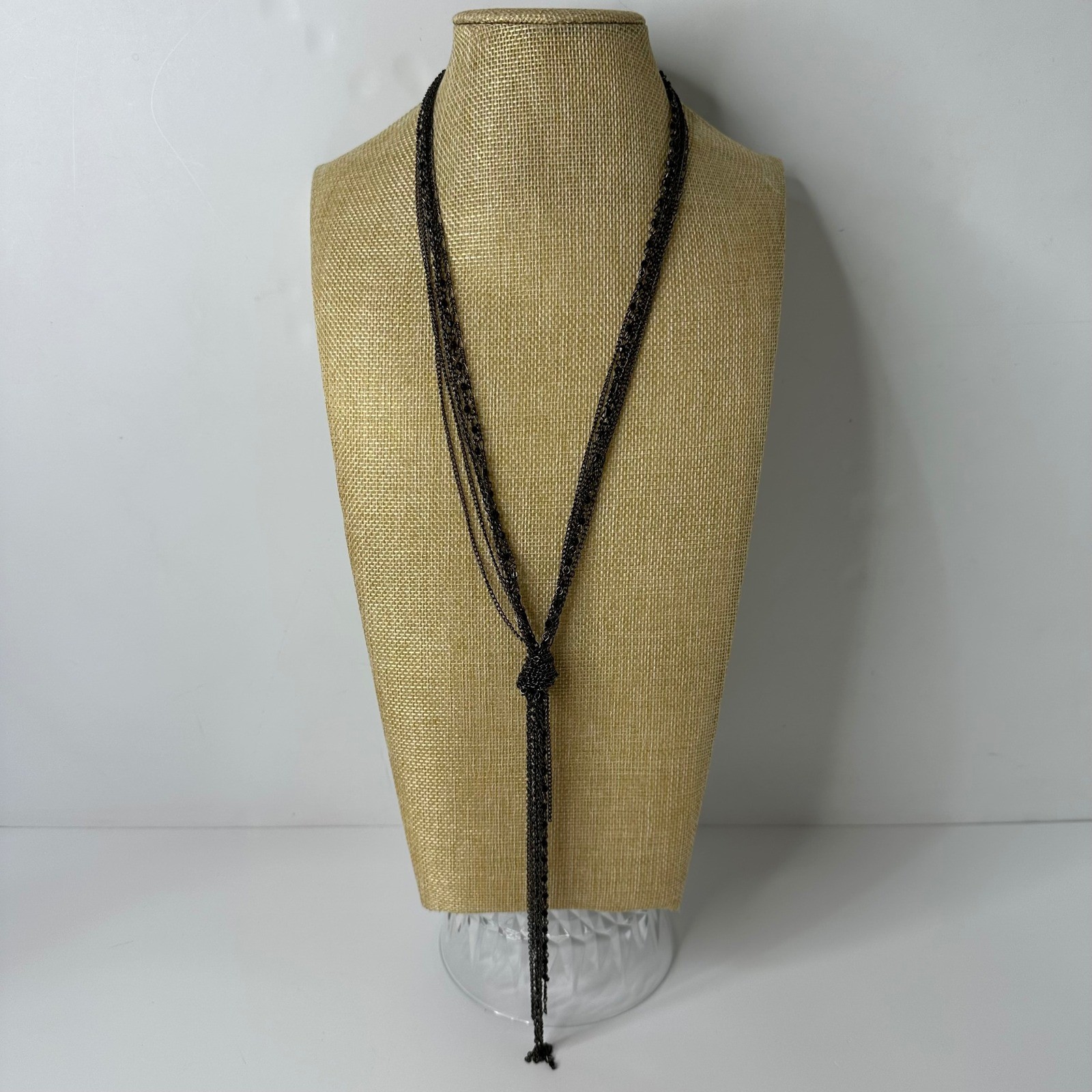 Black Multi Strand Knotted Necklace Beaded Tassel Mixed Chain Adjustable Layered