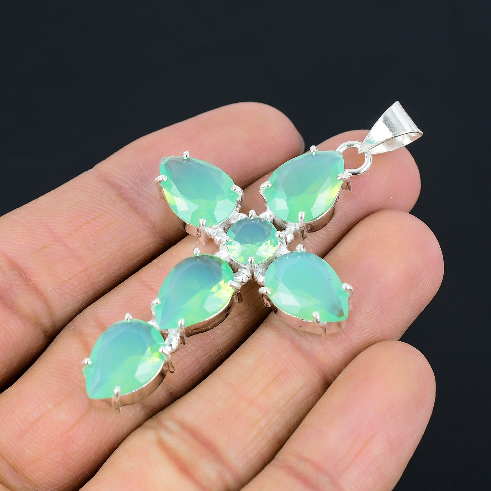 Aqua Chalcedony Handmade Cross Design Pendant Jewelry Party Wear 2.6″ CP 010