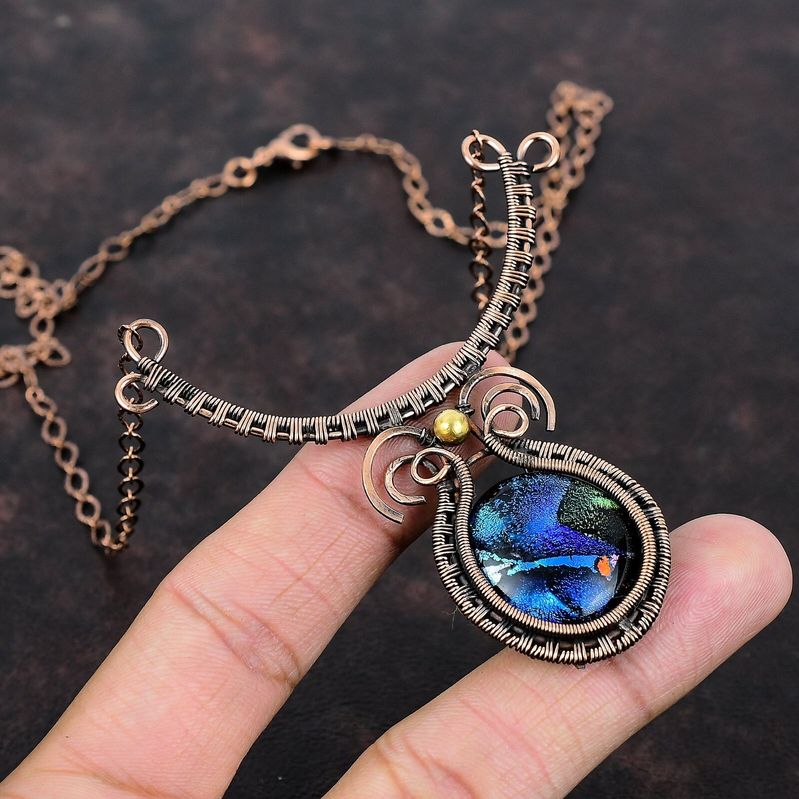 American Dichroic Glass Wire Wrapped Adjustable Handcrafted Copper Unique 18.0″
