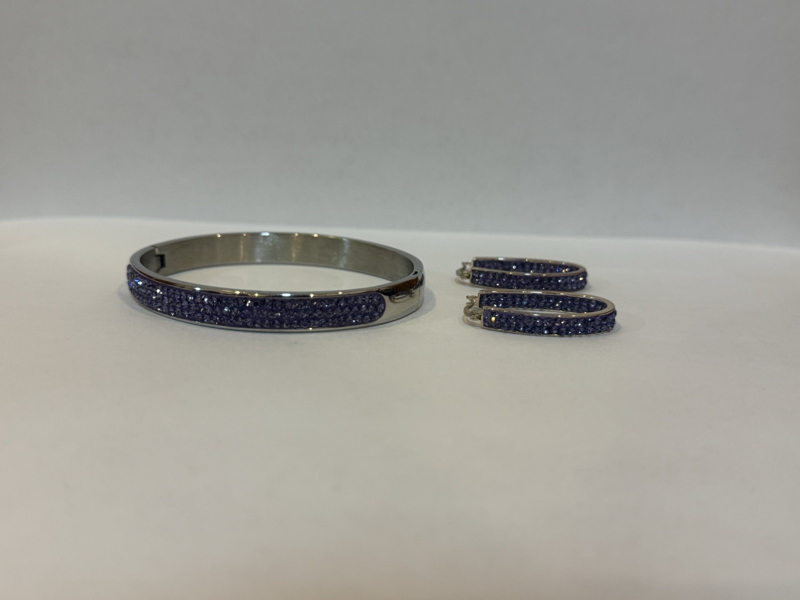 JCM Stainless Steel Bracelet W/3 Rows of Purple Rhinestones, Matching Earrings