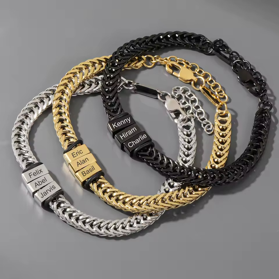Personalized 1-5 Multiple Name Engraved Bracelet Custom Jewelry Chain Gold Black