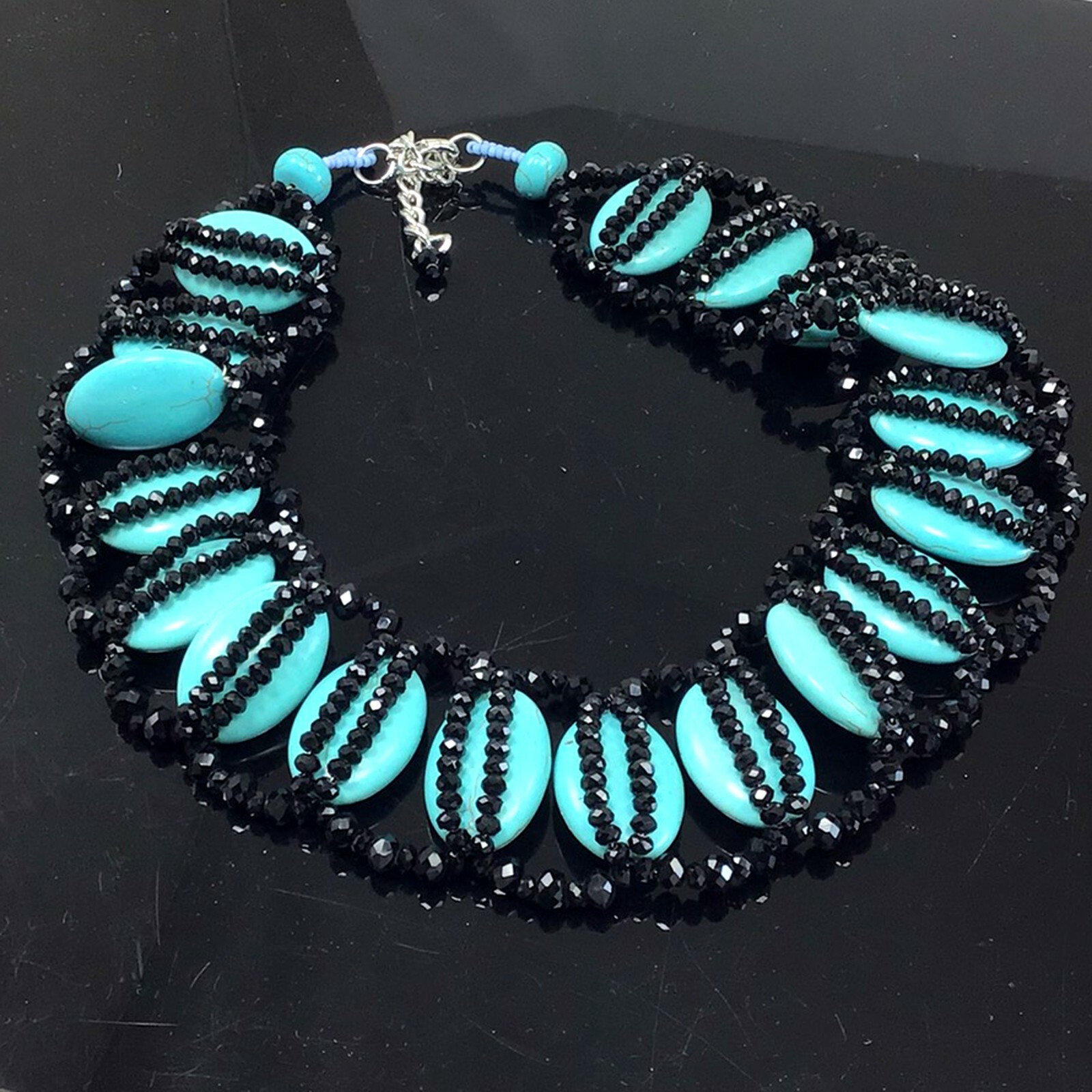 Magnesite Turquoise & Black Crystal Beads Necklace w/Silver Tone Clasp 18-20.5″