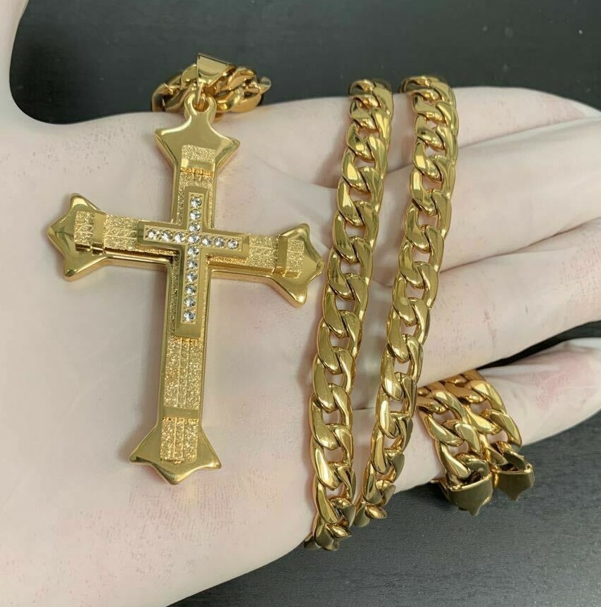 18-40″ MEN Stainless Steel Gold Crucifix Cross Pendant Cuban Curb Chain Necklace
