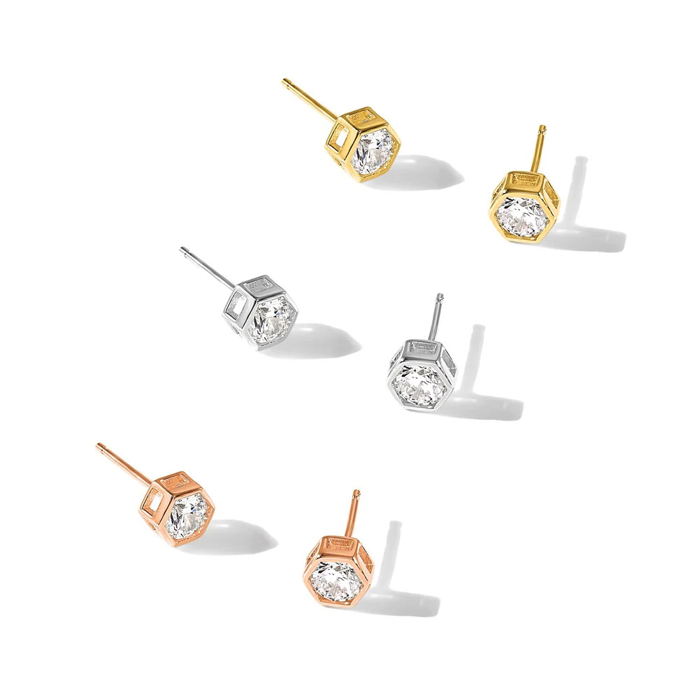 Sterling Silver RH-Plated Rose And Gold-Tone CZ Set Of 3 Post Earring Set