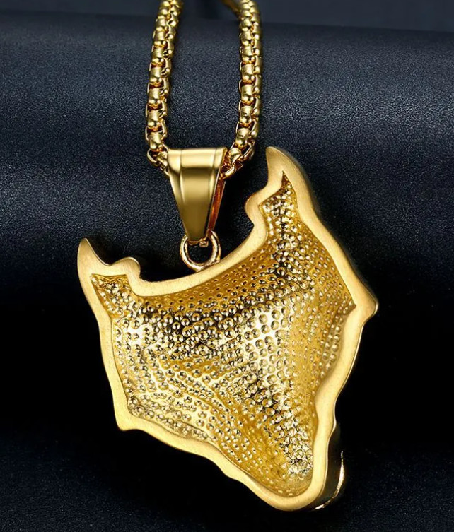 Wolf Head Pendant Necklace Stainless Steel Gold Plated Rhinestone Green Zircon
