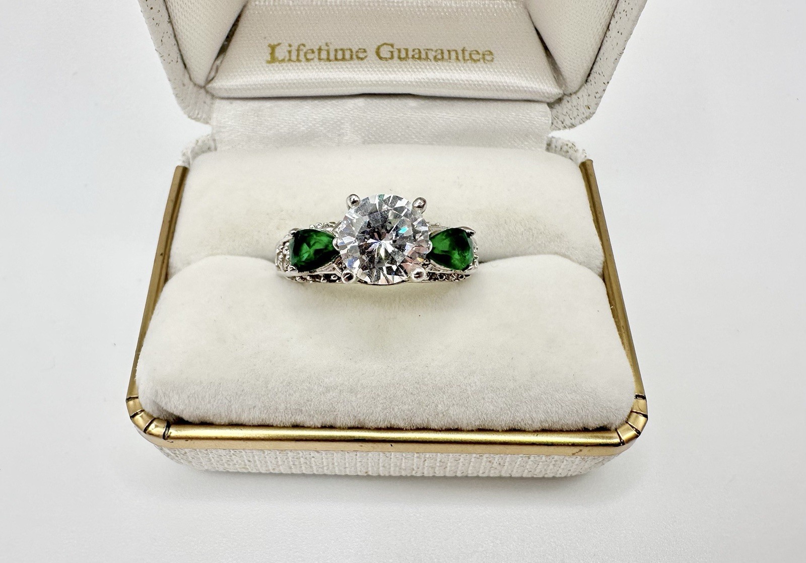 Silver Tone Cocktail Ring SZ8 Green Bling Signed China? Stone Missing Read