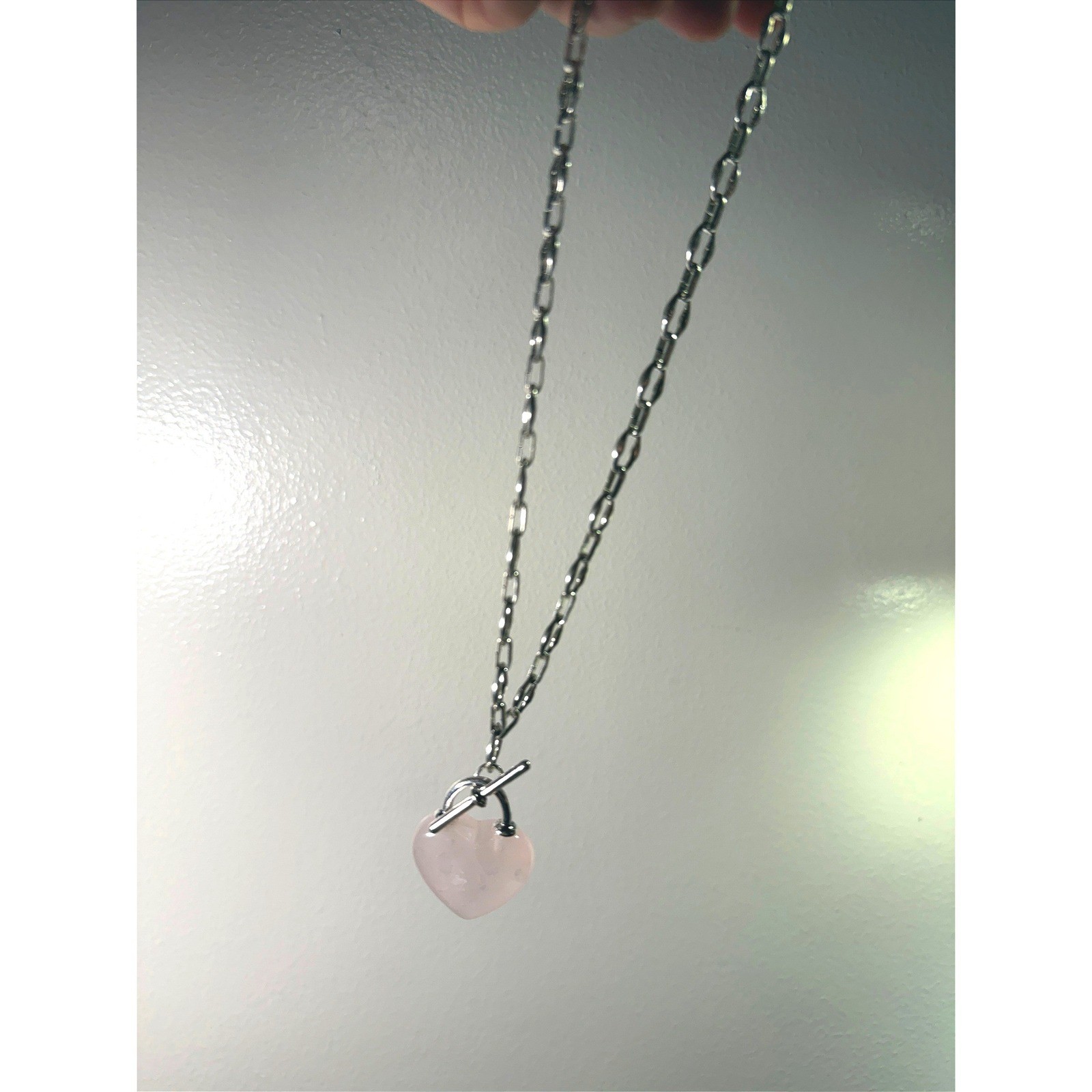 Rose Quartz heart chainlink silvertone trending chunky healing gemstone necklace