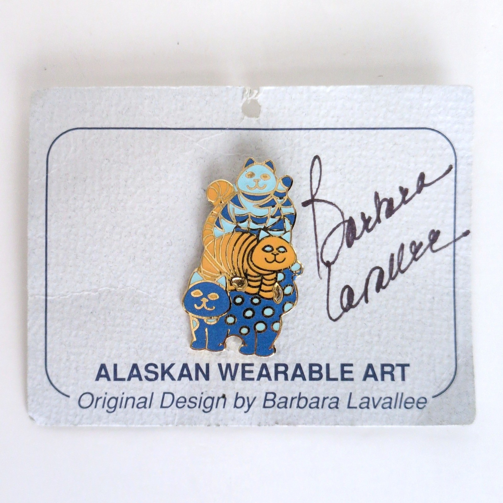 Barbara Lavallee Alaskan Wearable Art Pin Stacked Cats Cloisonne Artist Signed