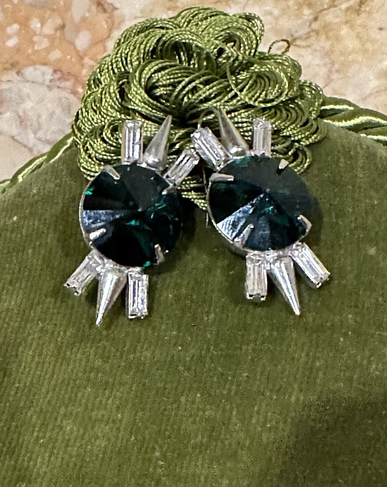 Fallon Round Cut Formal Stud Silver w Green Crystal Drop Earrings