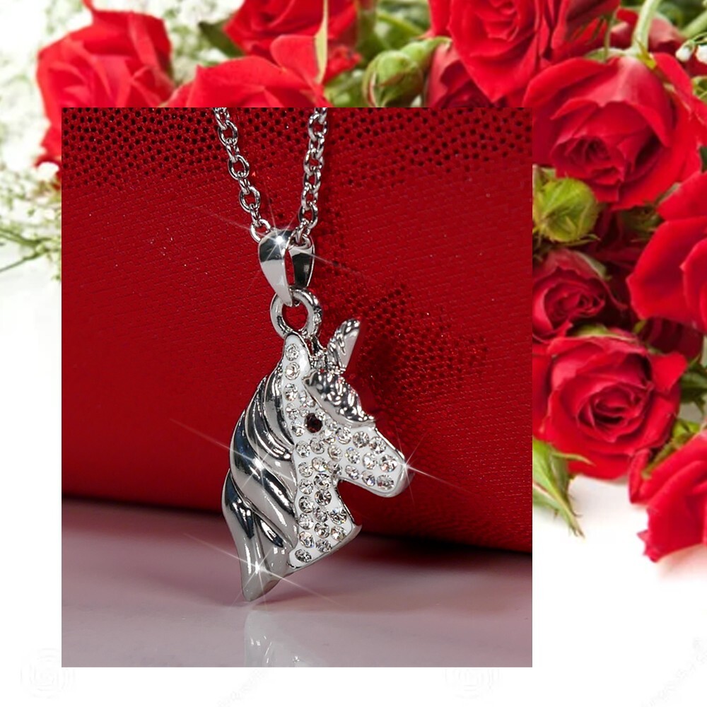 Silver Unicorn Necklace Cubic Zirconia Crystal Charm Gift Women Girls 18 inch