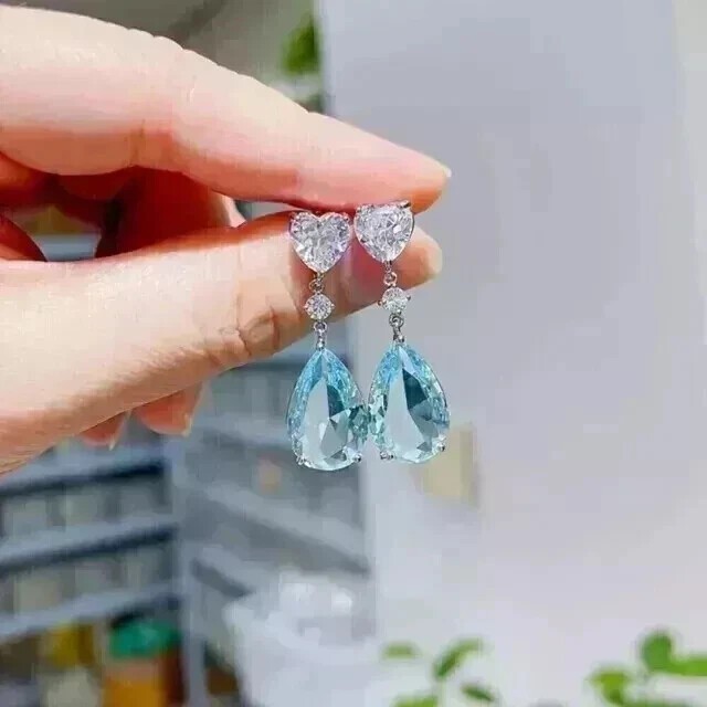Simulated Aquamarine 3Ct Pear Cut Drop Dangle Earrings 14k White Gold Plated