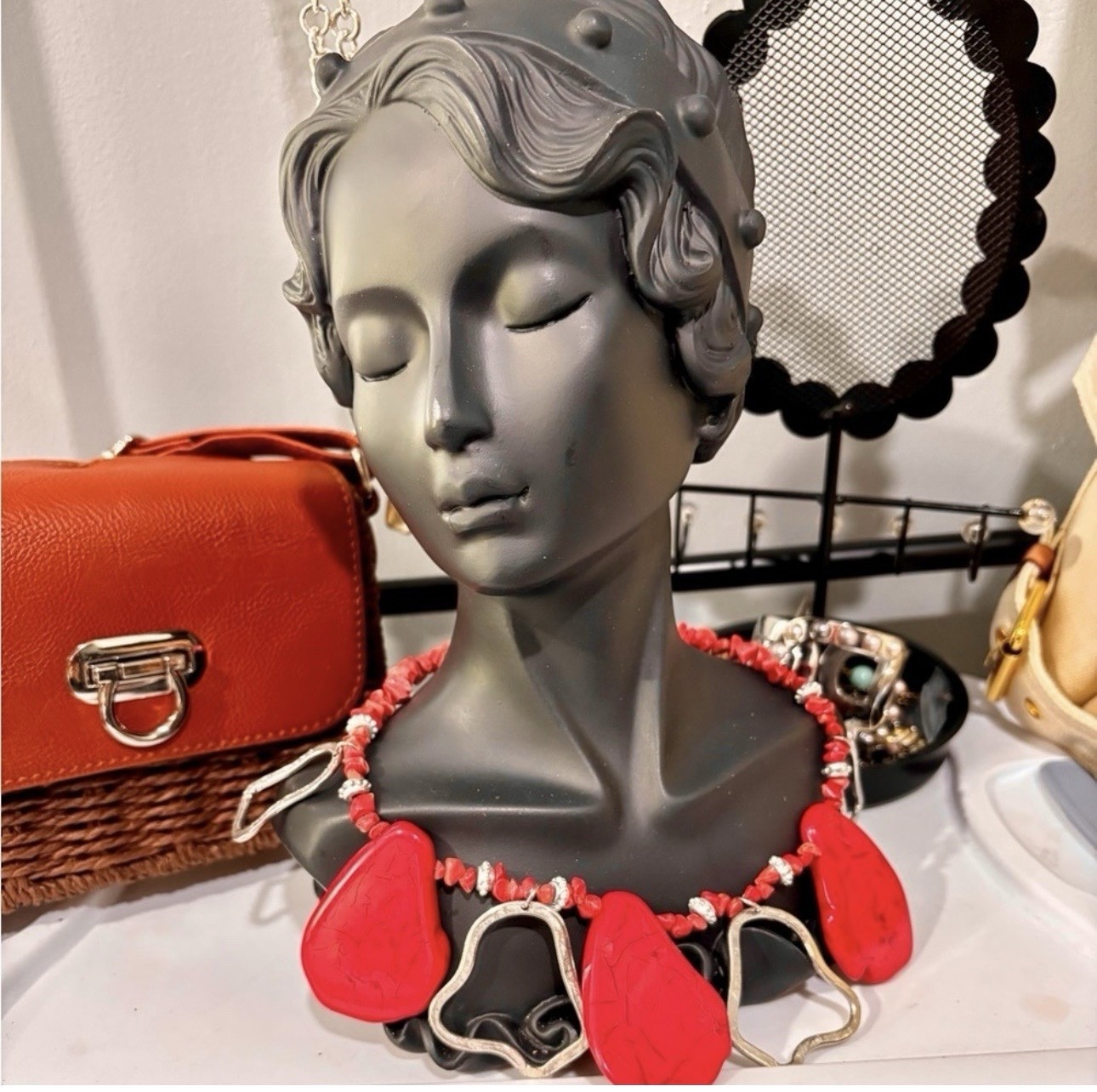 Red and Silver Tone Beaded Statement Teardrop Pendant Necklace Adjustable