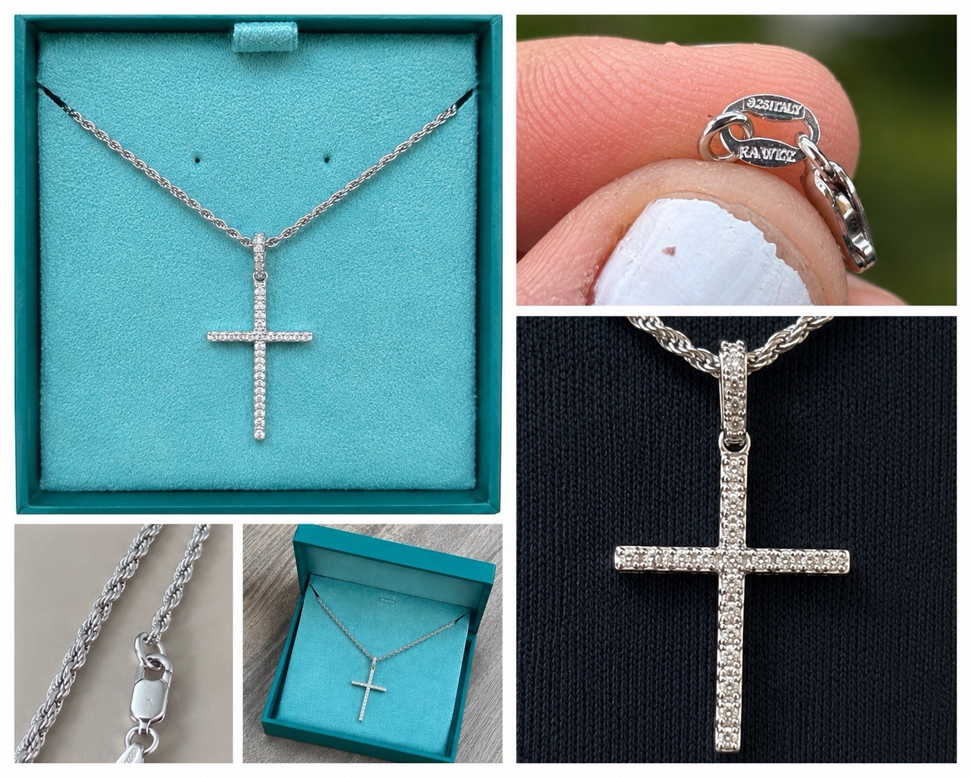 925 Sterling Silver Diamond Cross Rope Chain Necklace, Lobster Clasp Signed