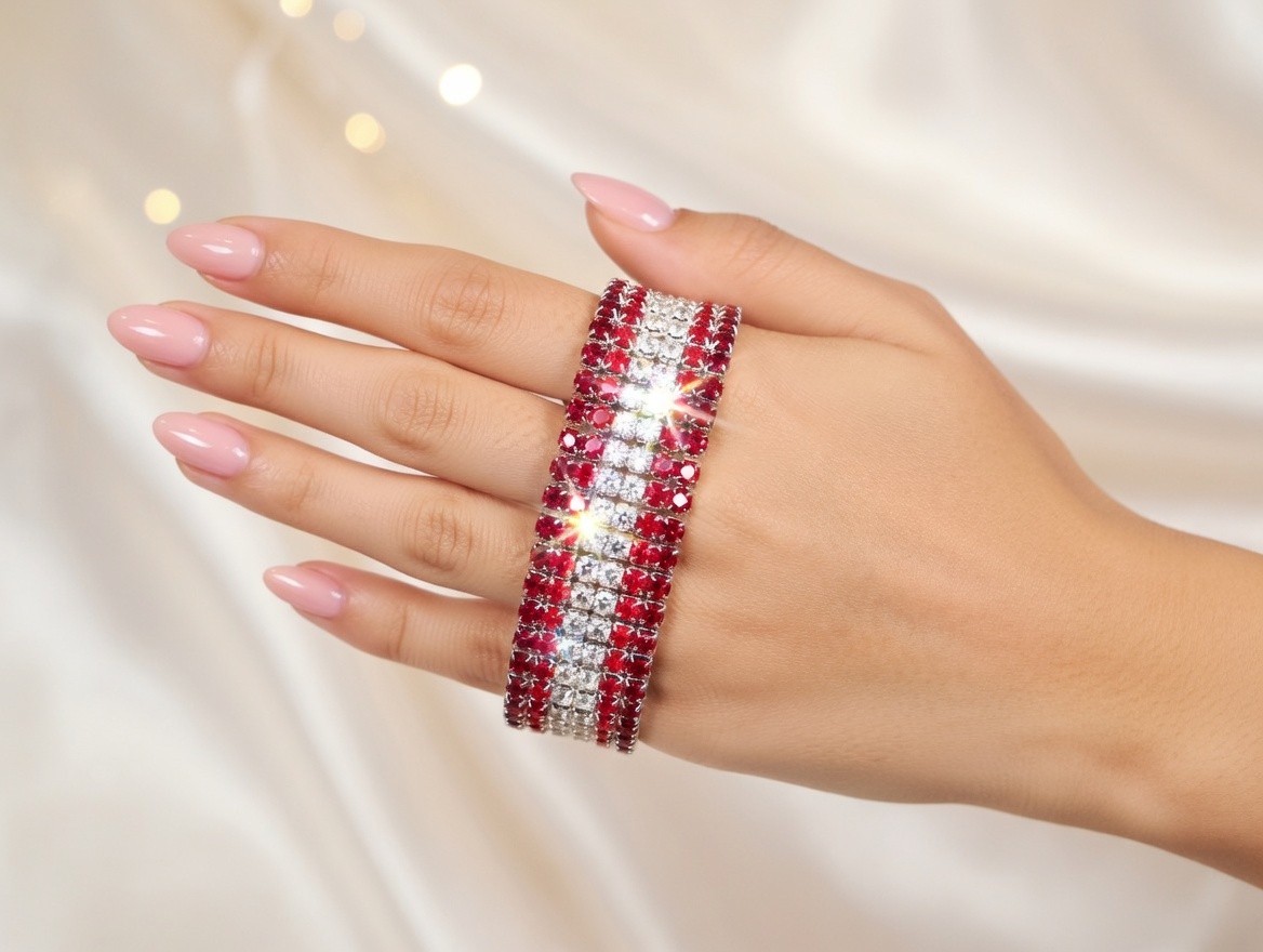 Red Silver Rhinestone Stretch Bracelet Crystal Pageant Prom Drag Jewelry