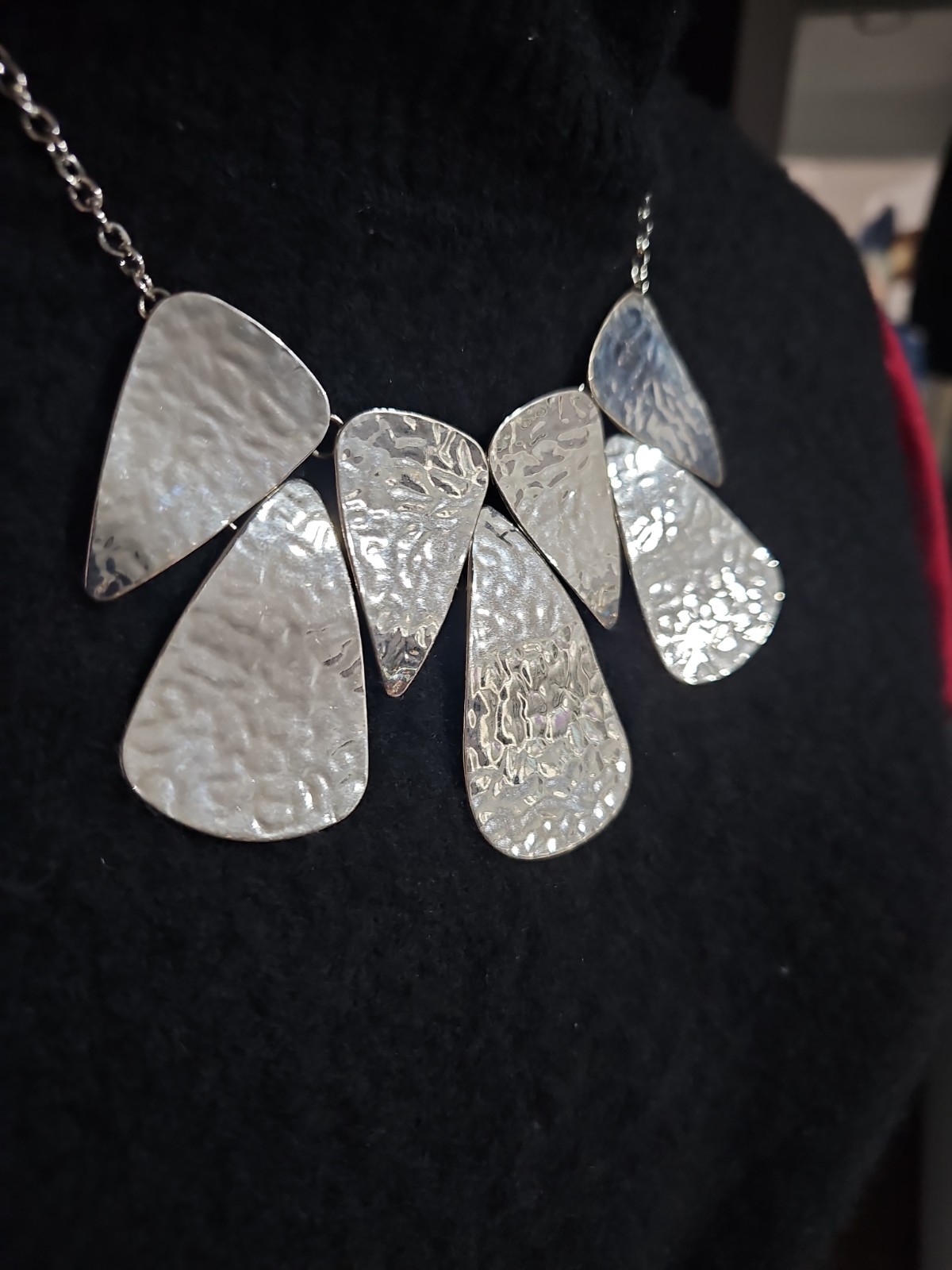 Silver Tone Hammered Metal Statement Bib Necklace Modern Geometric