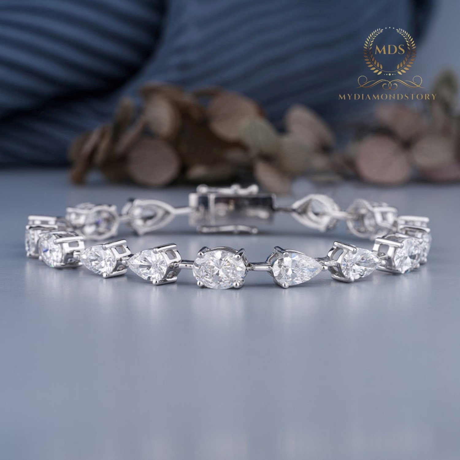 7′ Inch Long Tennis Wedding Bracelet 7 Carat Pear/Oval Cut Solid 14K White Gold