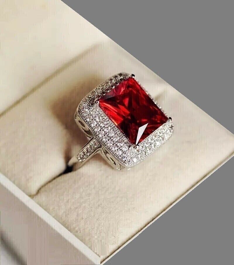 Emerald Simulated Garnet Unisex Classic Halo Wedding Ring 14K White Gold Plated