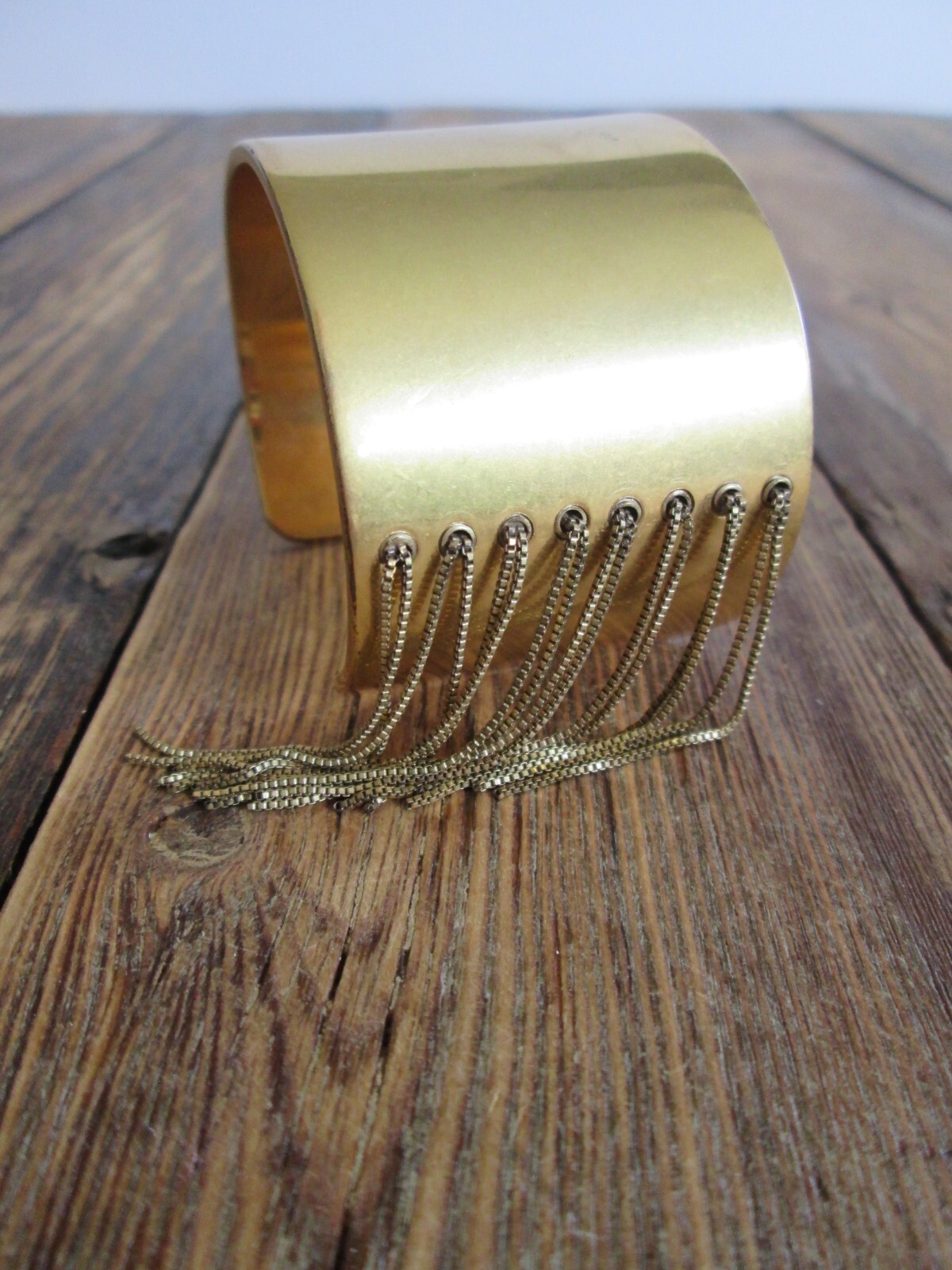 Gold Cuff Bracelet 1 1/2″ Wide Open Bangle Tassel Chain Classy Simple Statement