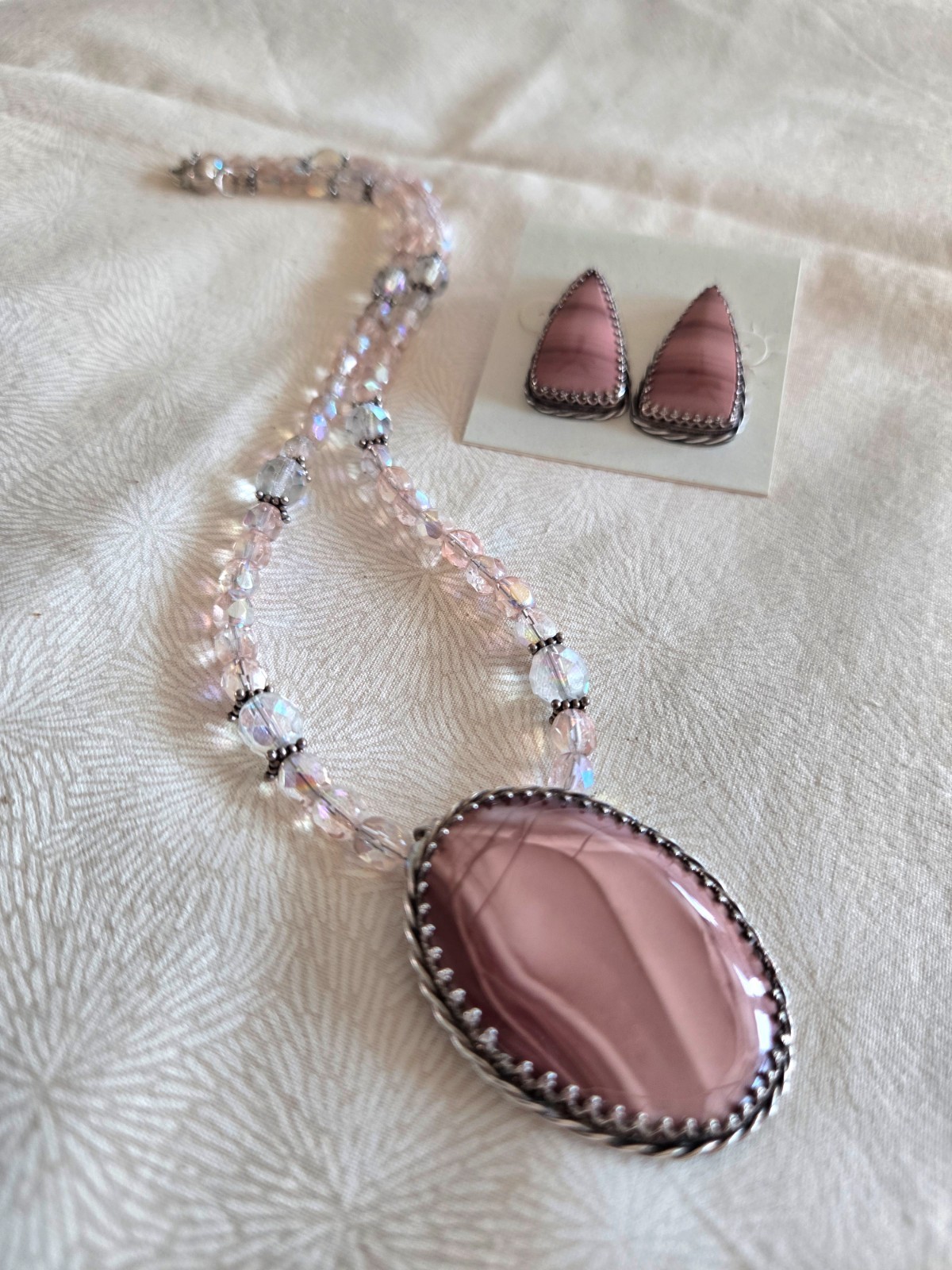 Handmade Imperial Jasper pendant and earrings with crystal and silver accents