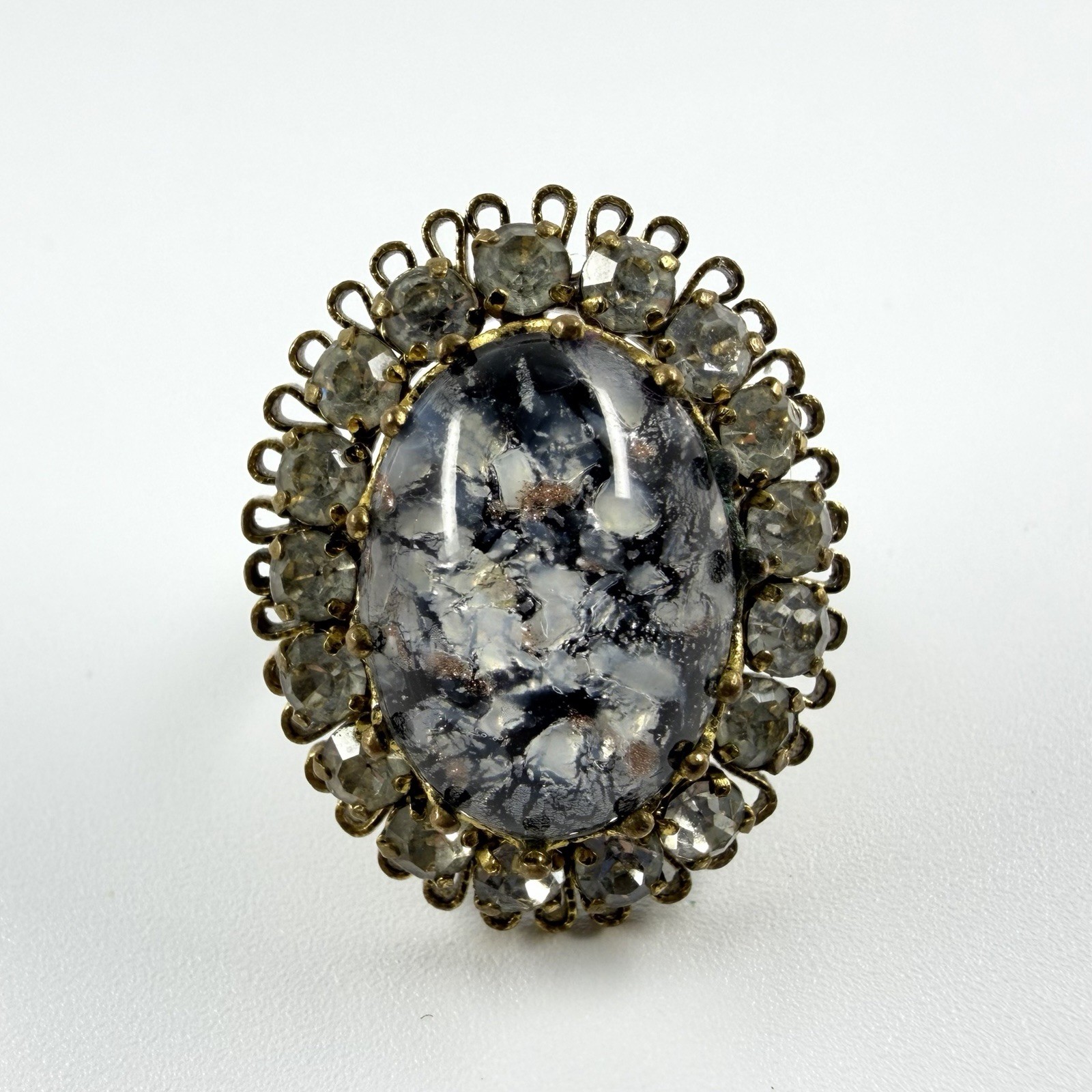 Black and Gold/Brassy Speckle Confetti Glass Statement Dome Ring Sz 7
