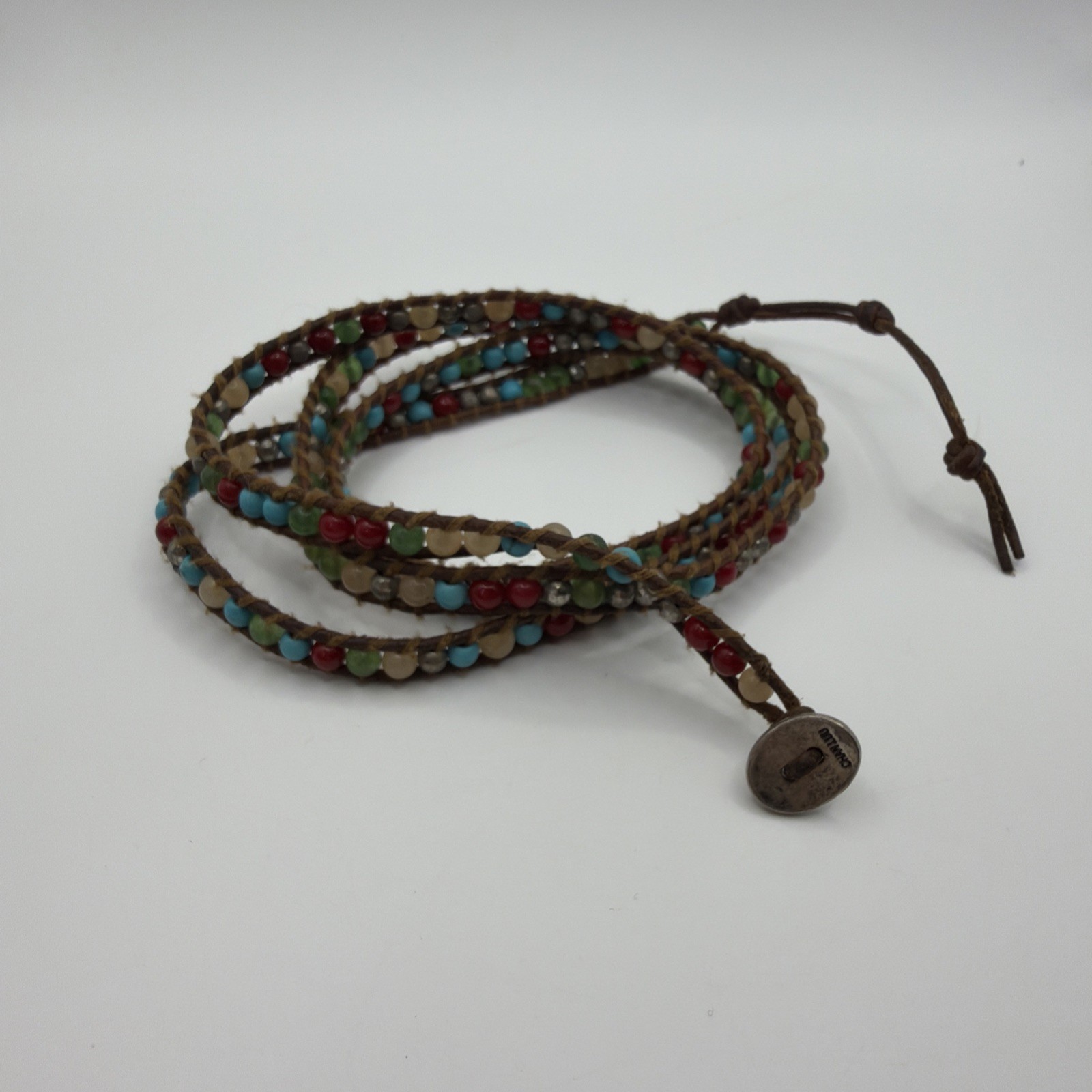 Chan Luu Mix Crystal Semi Precious Bead Leather Wrap Braclet 35” 925 Silver
