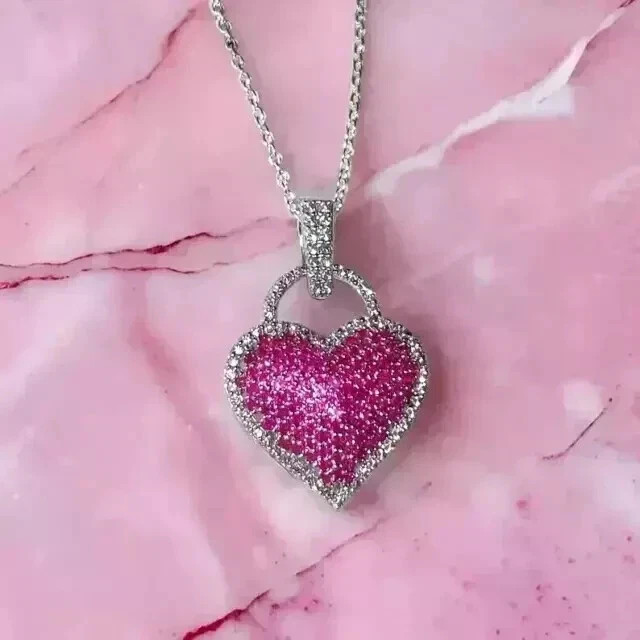 Pink Sapphire 2.60Ct Lab Created Round Cut Heart Pendant 14K White Gold Plated