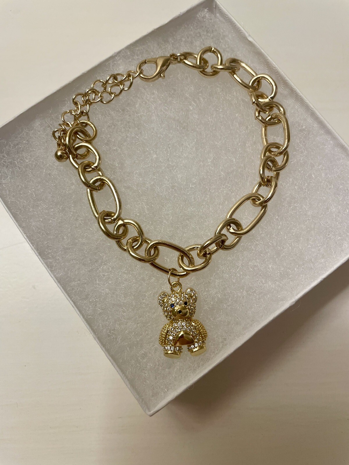 Plus Size Teddy Bear Charm Bracelet Gold Tone Links up to 10 Inches NWT