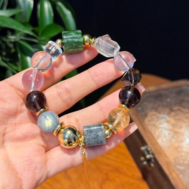 13mm Natural White Crystal, Smoky Quartz, Jasper Handmade Bracelet