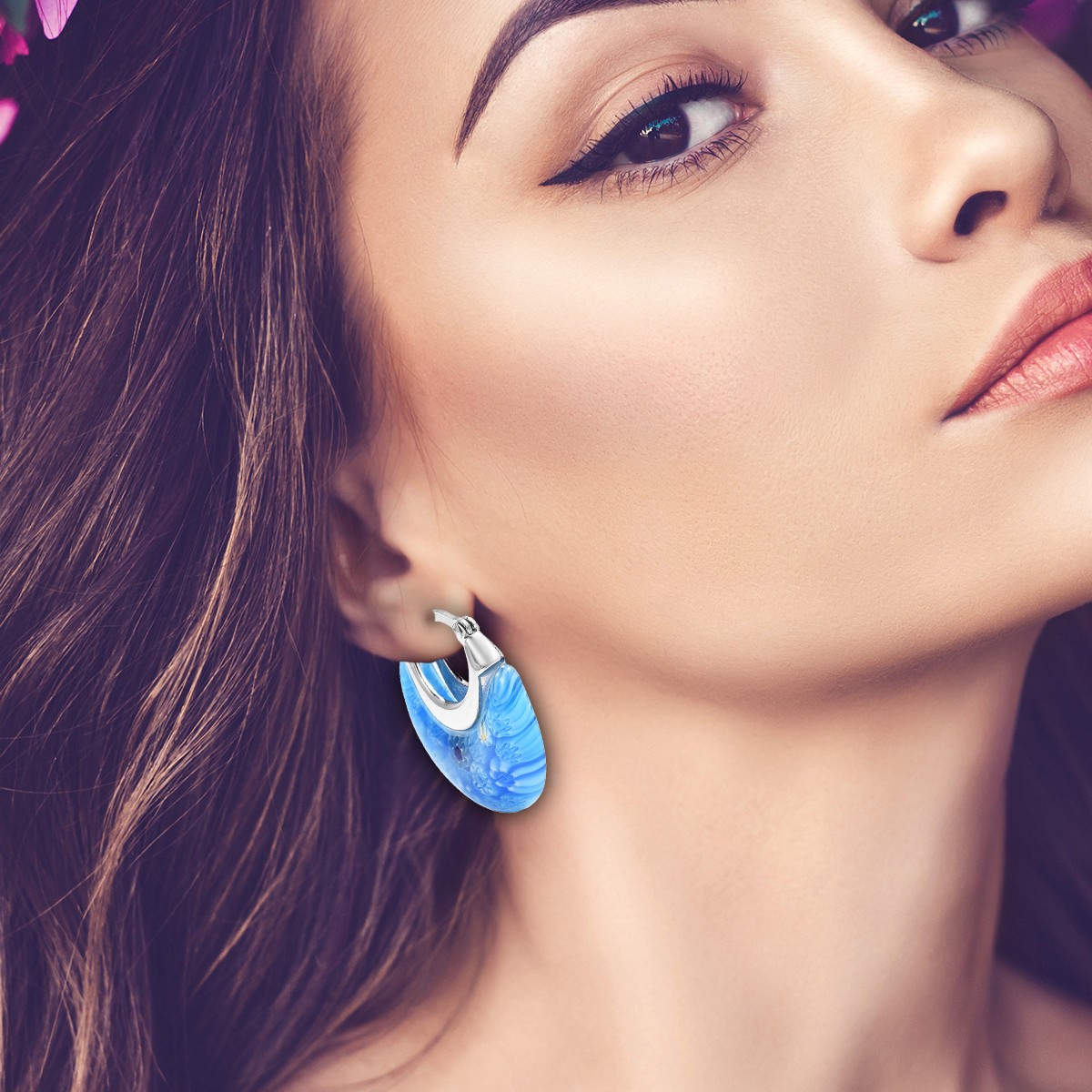 Murano Style Glass Hoop Earrings for Women Trendy Daisy Flower Stainless Steel