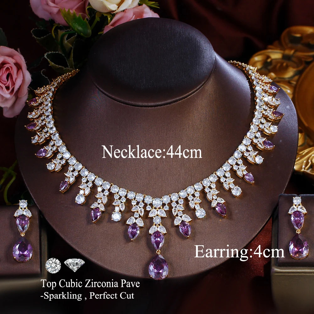 Luxury Gold Plated Purple CZ Wedding Necklace Pageant Bridal Jewelry Sets