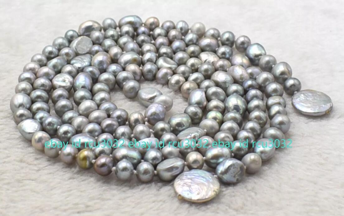 7-8mm 9-10mm Round Baroque Coin Gray Freshwater Pearl Long Necklace 50-100 In