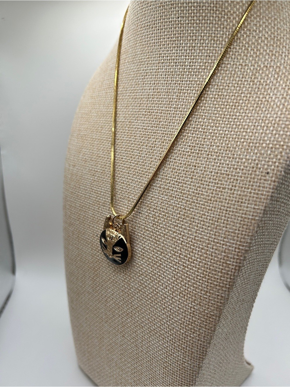 Chanel gold and black enamel Cat Pendant Necklace on gold chain