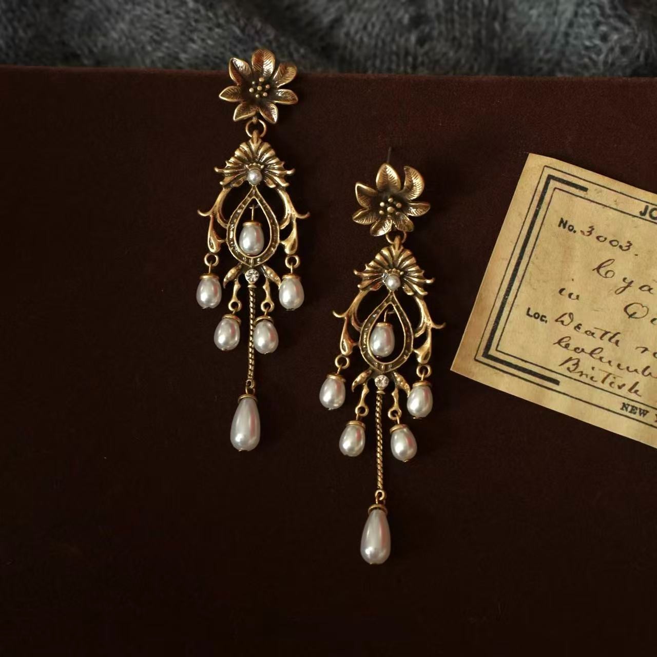 Vintage Pearl Chandelier Earrings Gold Tone Baroque Court Style