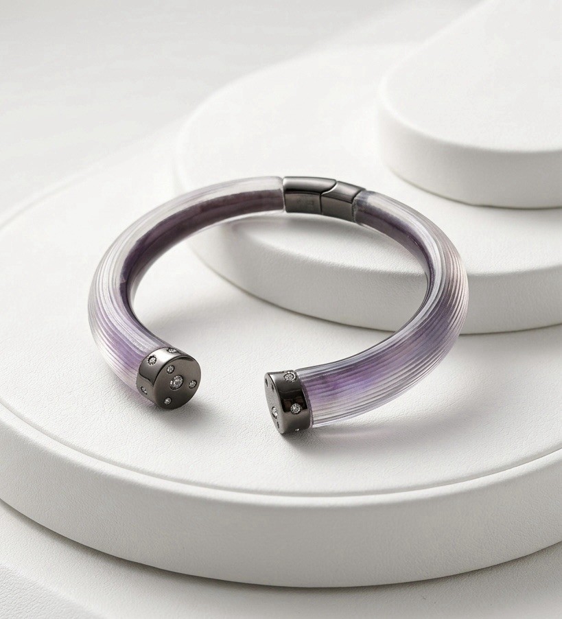 Alexis Bittar Purple Lucite Brutalist Studded Hinged Bangle Bracelet