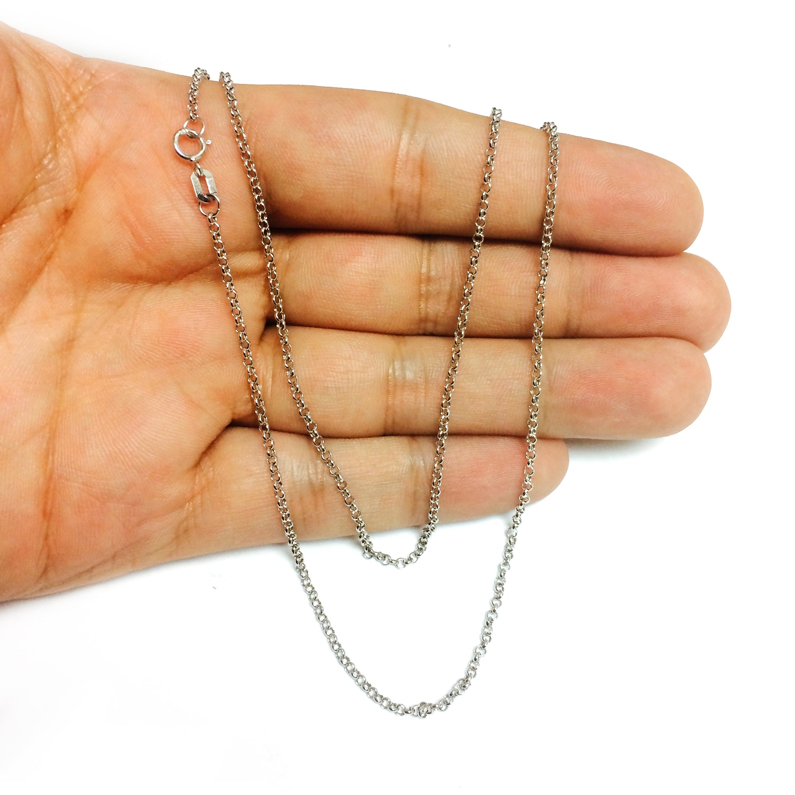 14k White Real Gold Round Rolo Link Chain Necklace, 1.85mm, 16″