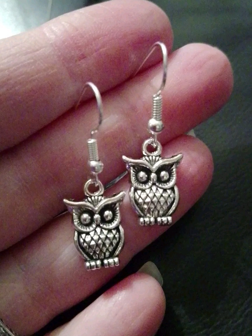 silvery Mini Owl Earrings Handmade Cute Small Gift Present wildlife nature boho