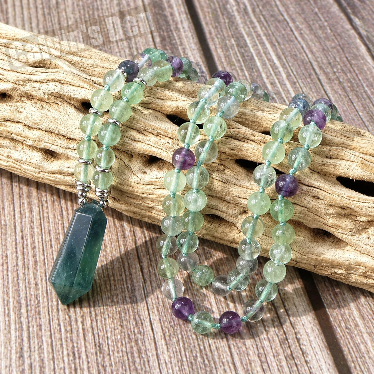Fluorite Bead Necklace + Fluorite Crystal Point Pendant Natural Gemstone Healing