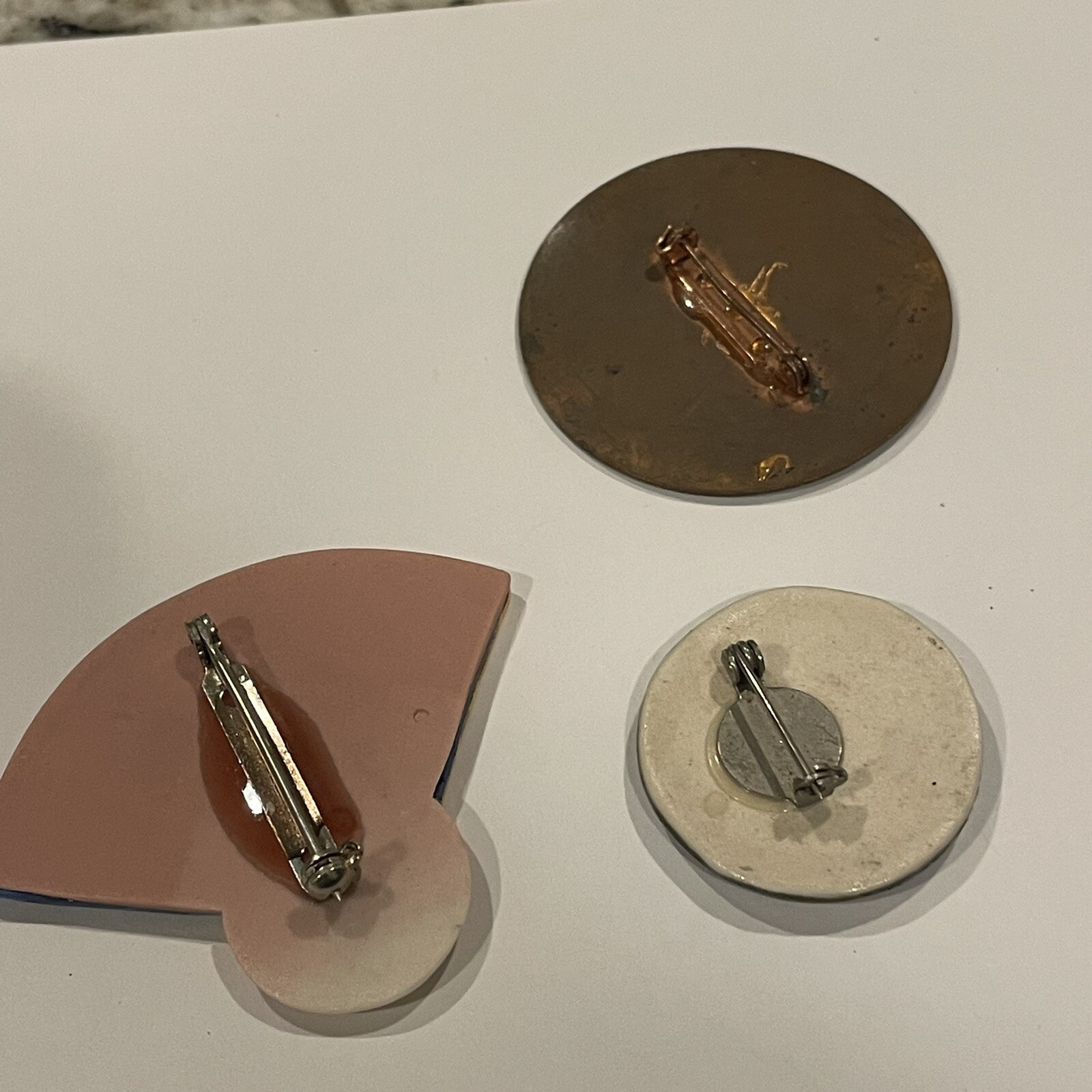 Lot Of 3 Handmade Handcrafted Brooch Pins Ceramic / Enameled Metal Etc
