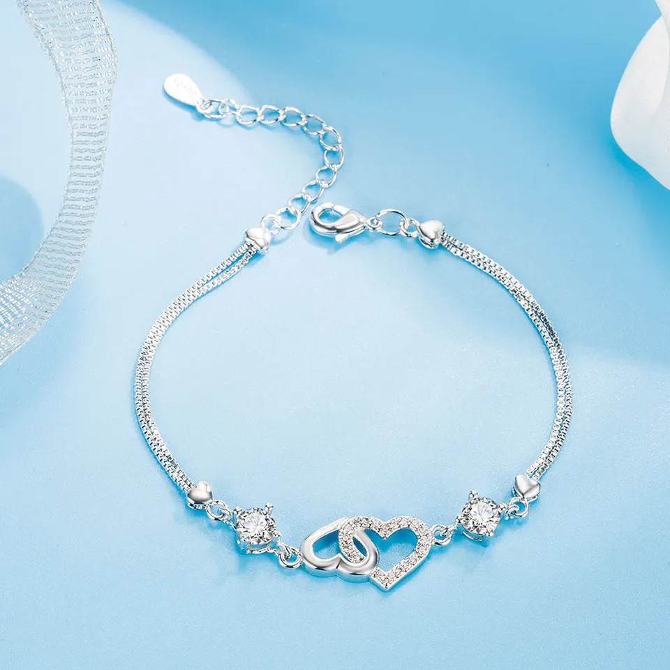 925 Sterling Silver Bracelets Amethyst Heart Bracelet Inlaid Zircon Chain
